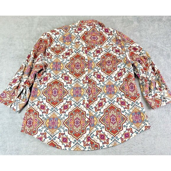 Chicos 2 US M Colorful Medallion Button Up‎ Back Shirt Boho Regal Art To Wear - Picture 2 of 11